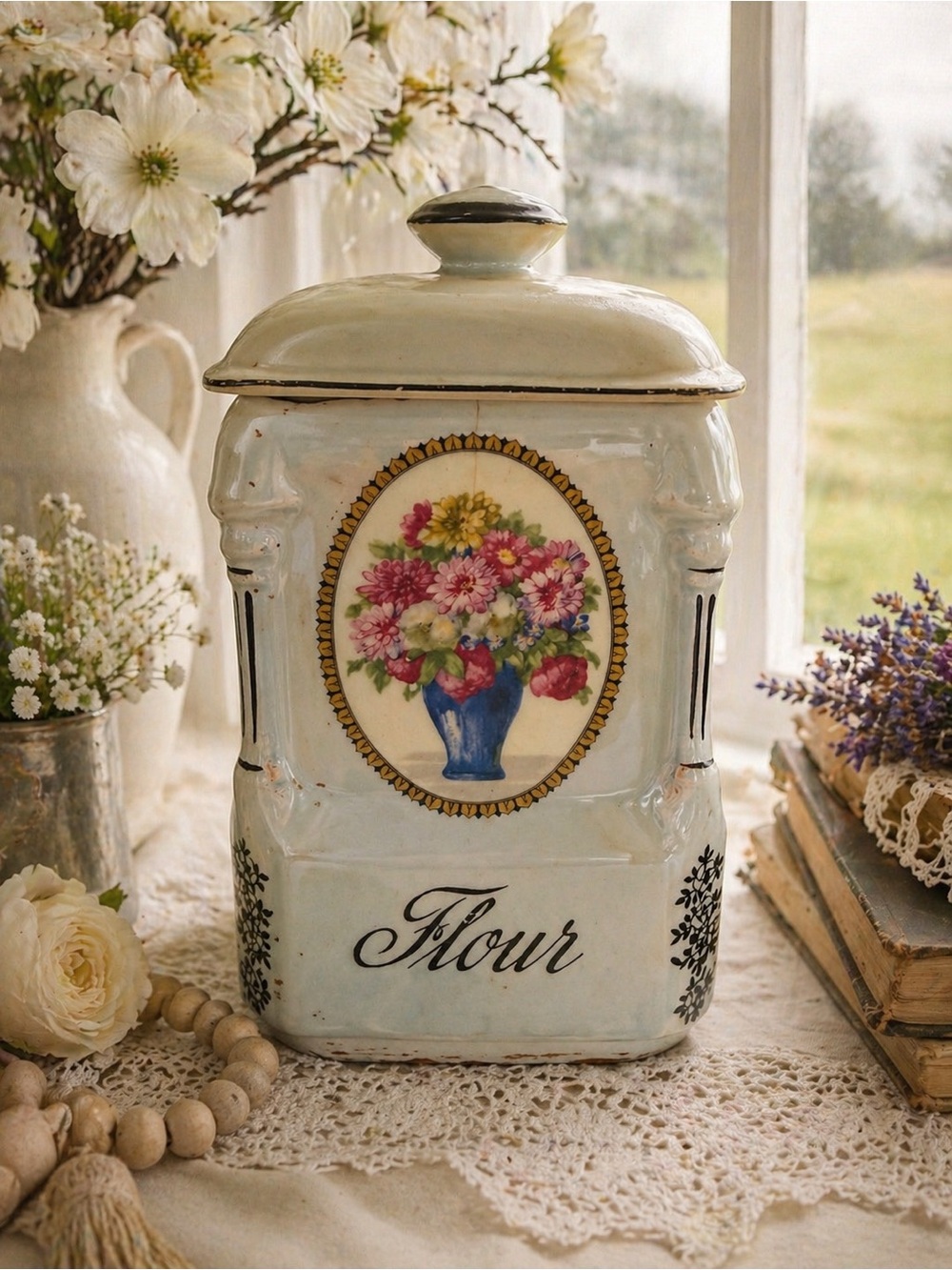 Vintage Floral Flour Canister - Blue Vase Motif